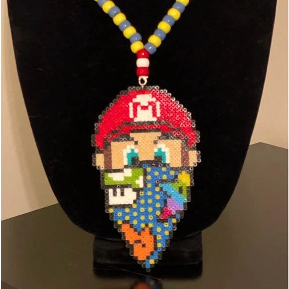 Gangster Mario Mini Kandi Necklace with Mini Perler Beads for Festival Party